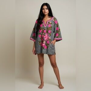 Mexican Gray Tunic Dress Top Bright Pink Floral Pigeon Embroidery Flowers Latino